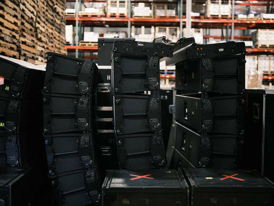 Confiscated L-Acoustics counterfeit loudspeakers that were seized in the warehouse of Se7ven Sounds Music, Inc